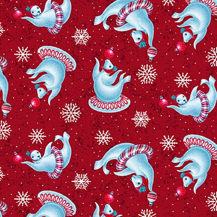 12 Days of Christmas Seals Tossed Red Sue Ellen Brown Studio E Cotton Fabric