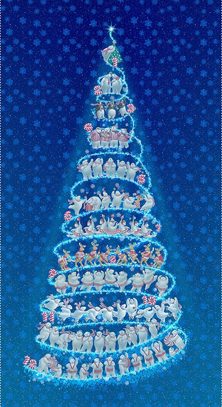 12 Days of Christmas Tree Animal Panel 24" Cyan Blue Sue Ellen Brown Studio E Cotton Fabric SE-6294P-77
