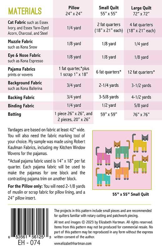 Cats in Pajamas Pillow Quilt Pattern 18" x 22" designed by Patterns By Elizabeth Hartman EH-074