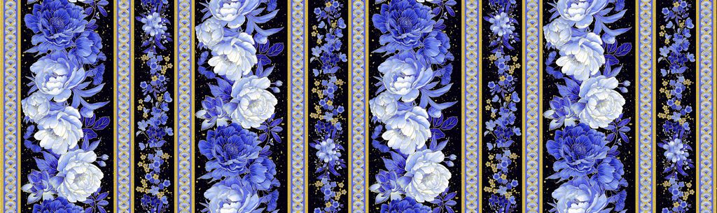 Moonlight Asian Floral 11" Stripe Black Metallic Chong-A-Hwang Timeless Treasures Cotton Fabric TT-LOTUS-CM3982-BLACK