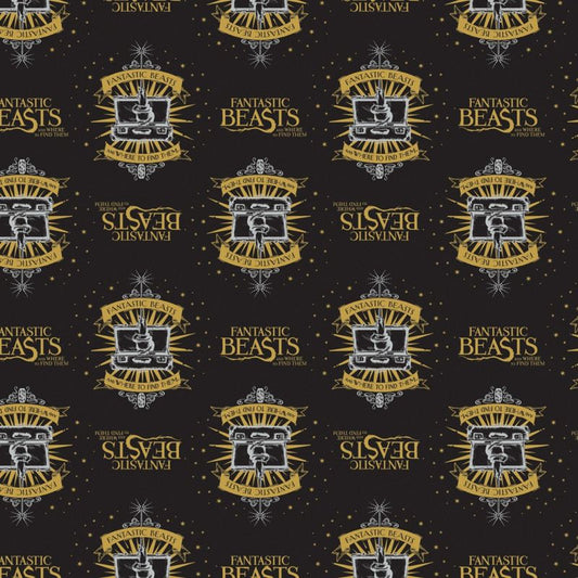 Fantastic Beasts Suitcase & Logo Black Gold Metallic Wizarding World Harry Potter Cotton Fabric