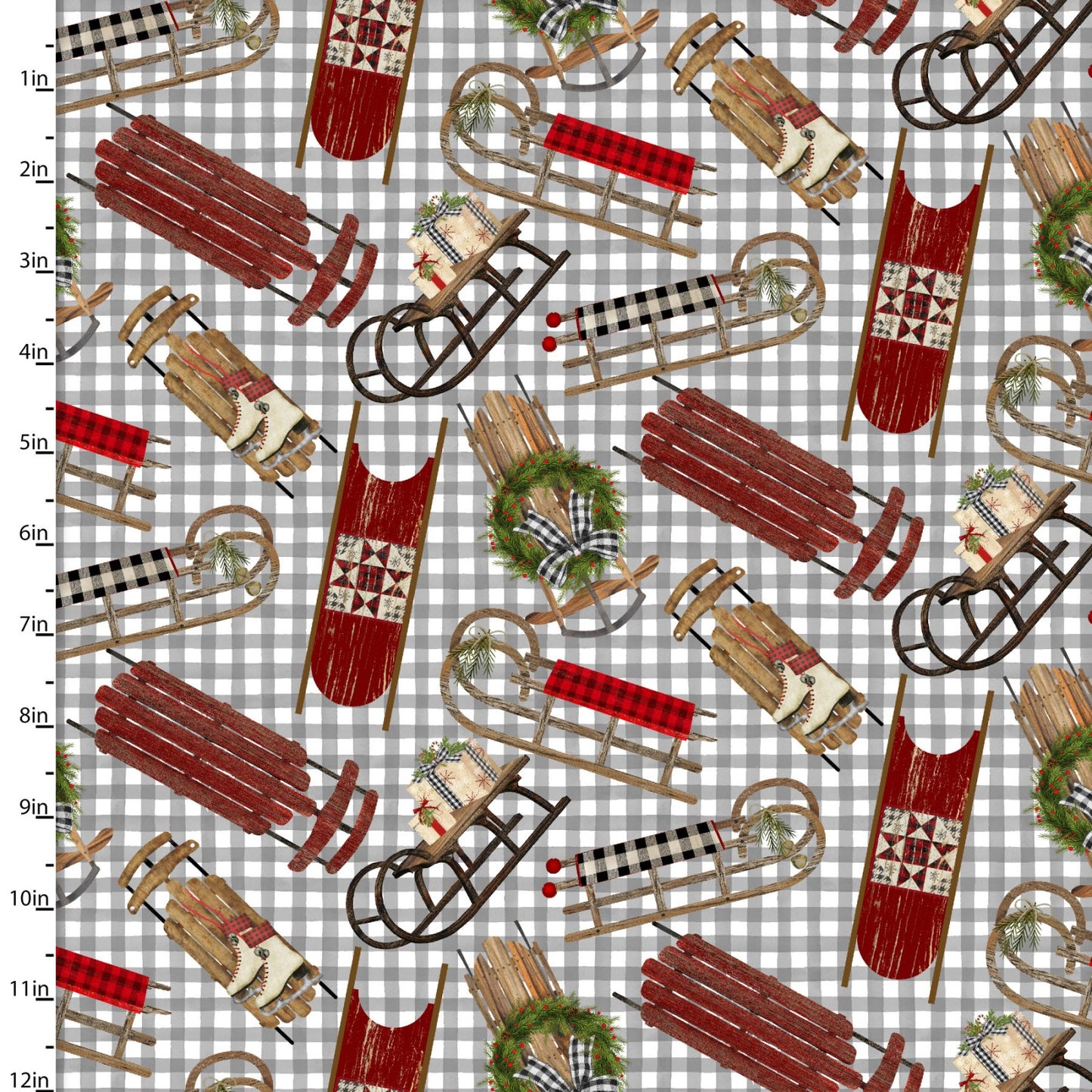 A Christmas to Remember Vintage Sleds Gingham Grey Beth Albert 3 Wishes Cotton Fabric
