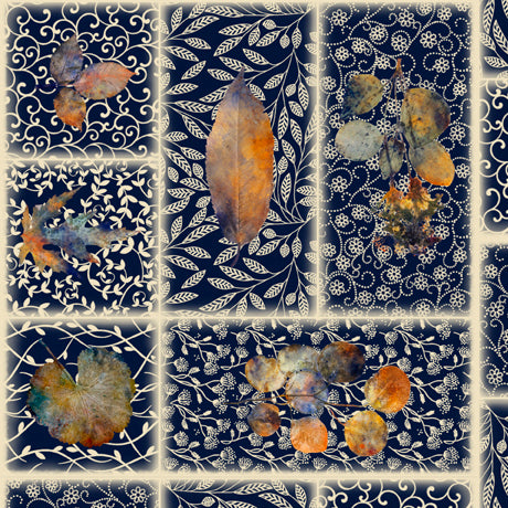 A Flutter of Leaves Leaf Patch Navy Blue Suzan Engler Quilting Treasures Cotton Fabric