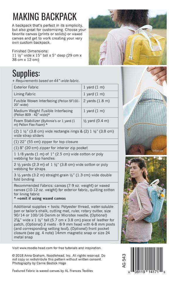 Making Backpack Bag/Tote Pattern 11.5"x15"x5" Anna Graham Noodlehead AG-543