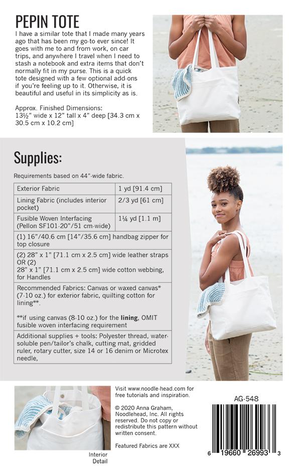 Pepin Tote Bag/Tote Pattern 13.5"x12"x4" Anna Graham Noodlehead AG-548