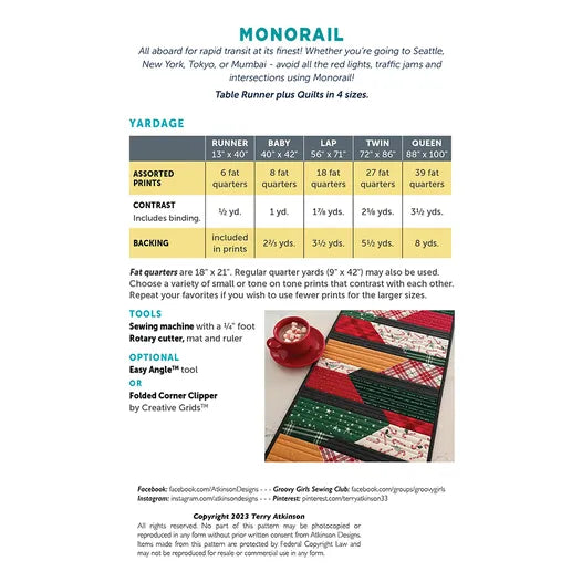 Monorail Quilt Pattern 13"x40" Terry Atkinson Atkinson Designs ATK-211