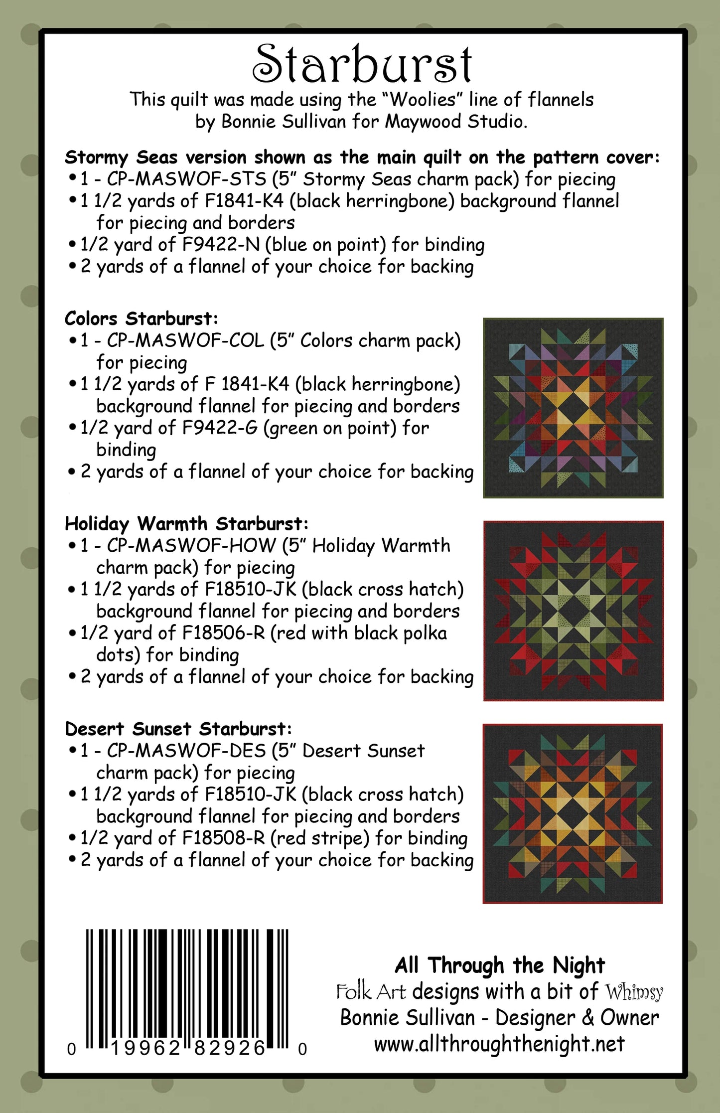 Starbust Quilt Pattern Booklet Bonnie Sullivan All Through the Night ATN-2014