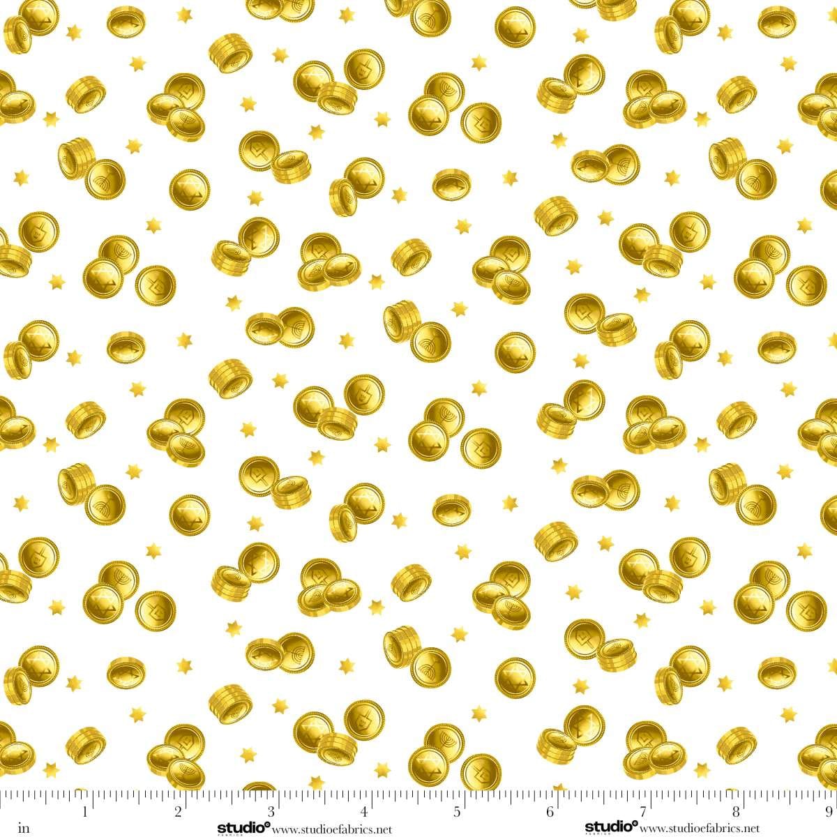 A Celebration of Light Gelt Gold Coins White Chelsea DesignWorks Studio E Cotton Fabric SE-8970-01 | US Fabric Shop