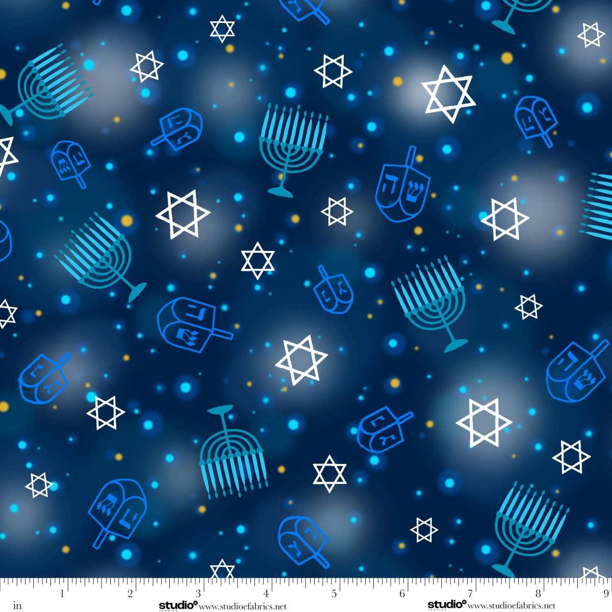 A Celebration of Light Stars Menorahs Royal Blue Chelsea DesignWorks Studio E Cotton Fabric SE-8966-77 | US Fabric Shop