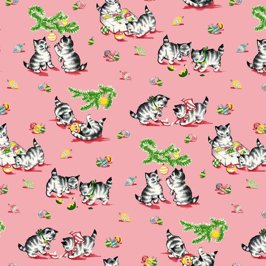 A Kitty for Christmas Kitties and Garland Pink Hannah West Henry Glass Cotton Fabric HG-1984-22