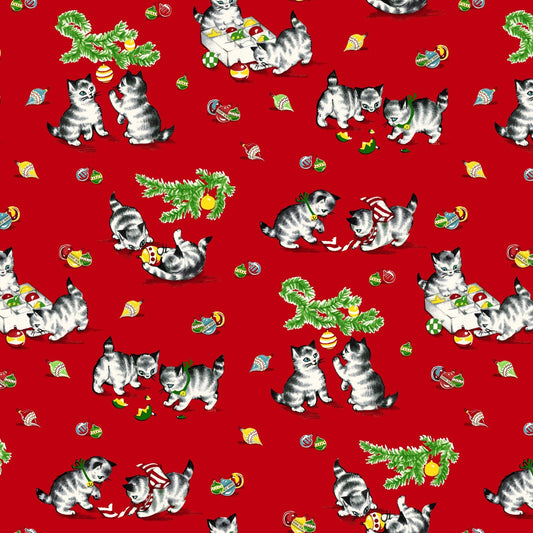 A Kitty for Christmas Kitties and Garland Red Hannah West Henry Glass Cotton Fabric HG-1984-88