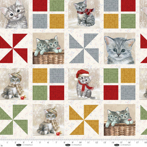 A Purr-fect Holiday Season Cat Patchwork Multi Louise Kay Designs Blank Quilting Cotton Fabric BQ-4064-48