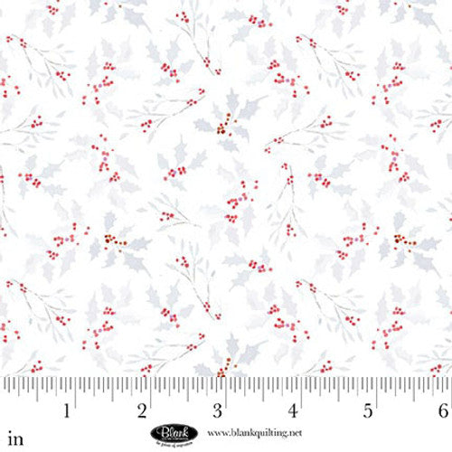 A Purr-fect Holiday Season Holly and Berry Allover White Louise Kay Designs Blank Quilting Cotton Fabric BQ-4066-09