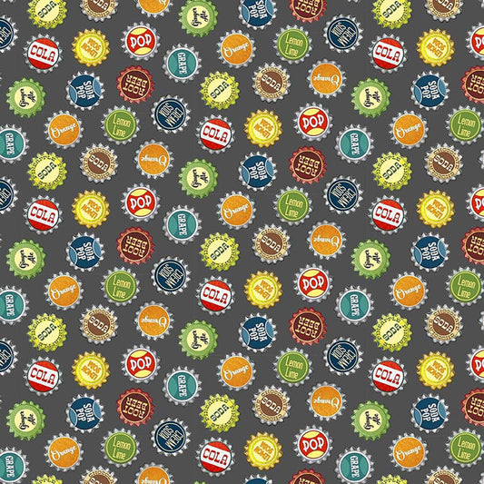 Adventure Awaits Tossed Bottle tops Gray Jackie Decker Blank Quilting Cotton Fabric