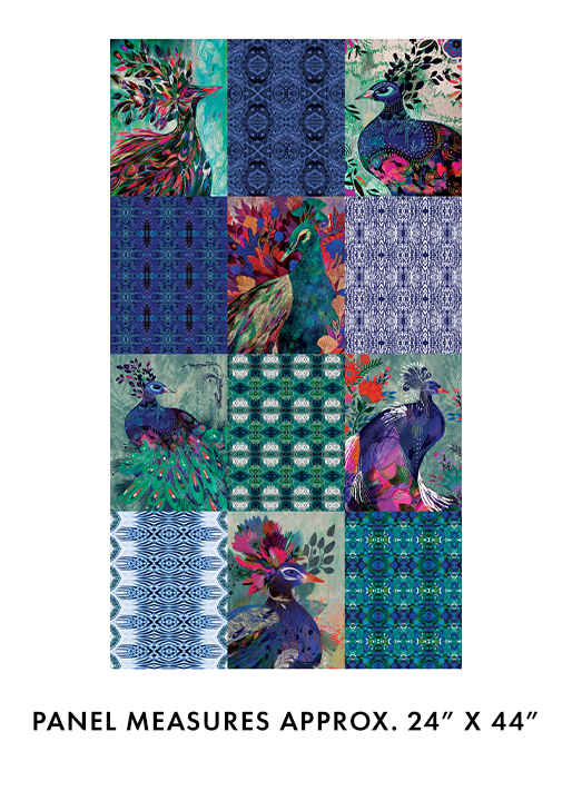 Affinity Regal Plumage Blocks Panel 24" Teal Multi Danielle Duer Benartex Cotton Fabric BE-16680-99