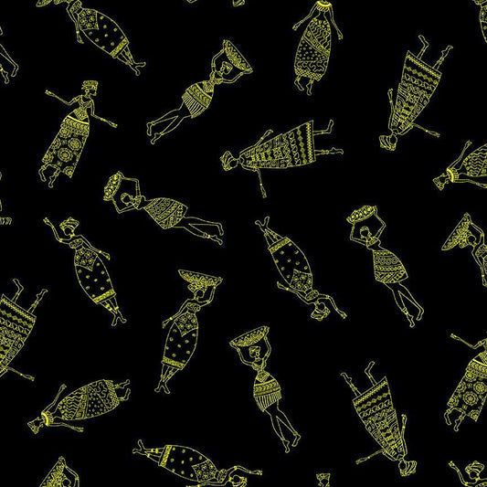 African Sunset African Women Black Metallic Chong-A-Hwang Timeless Treasures Cotton Fabric TT-KENTA-CM2042-BLACK