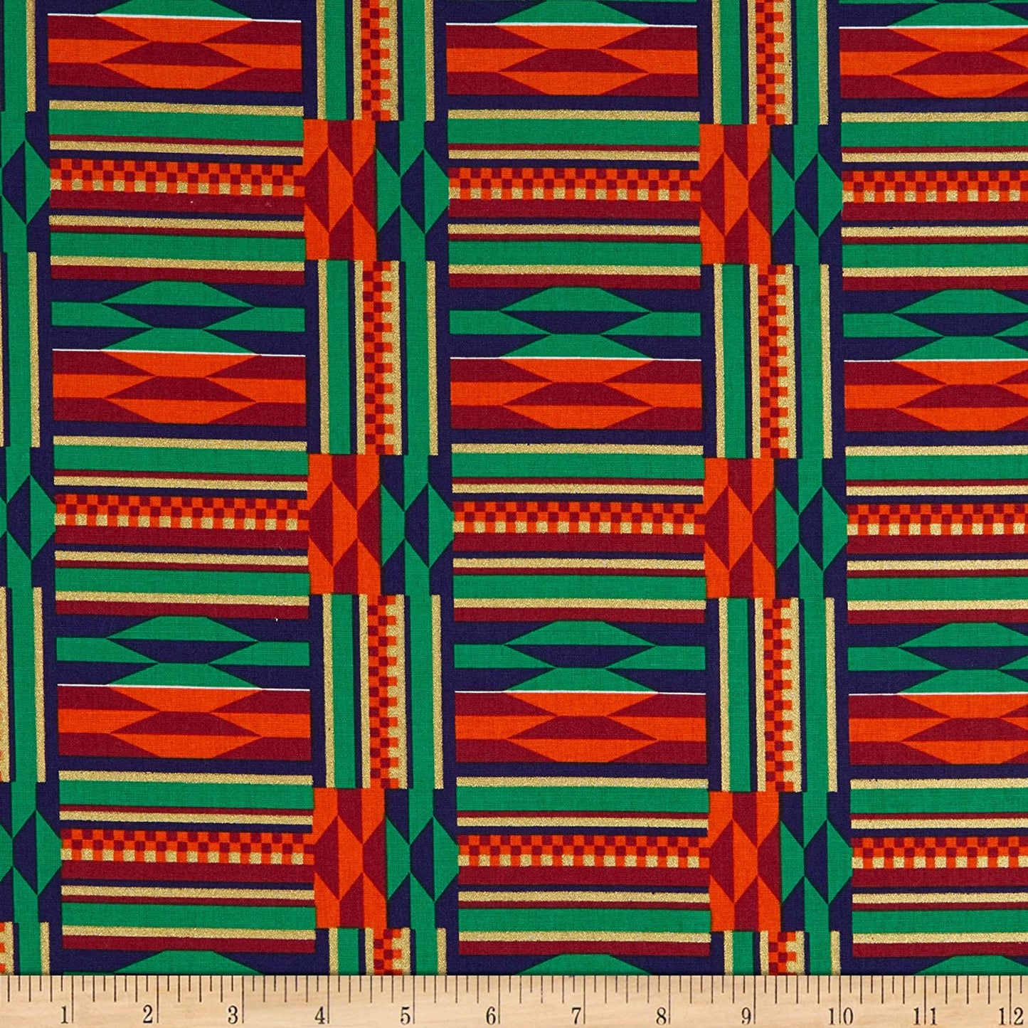 African Kente Grid Gold Metallic David Textiles Cotton Fabric DX-2443-0C-1 Blue Orange Multi
