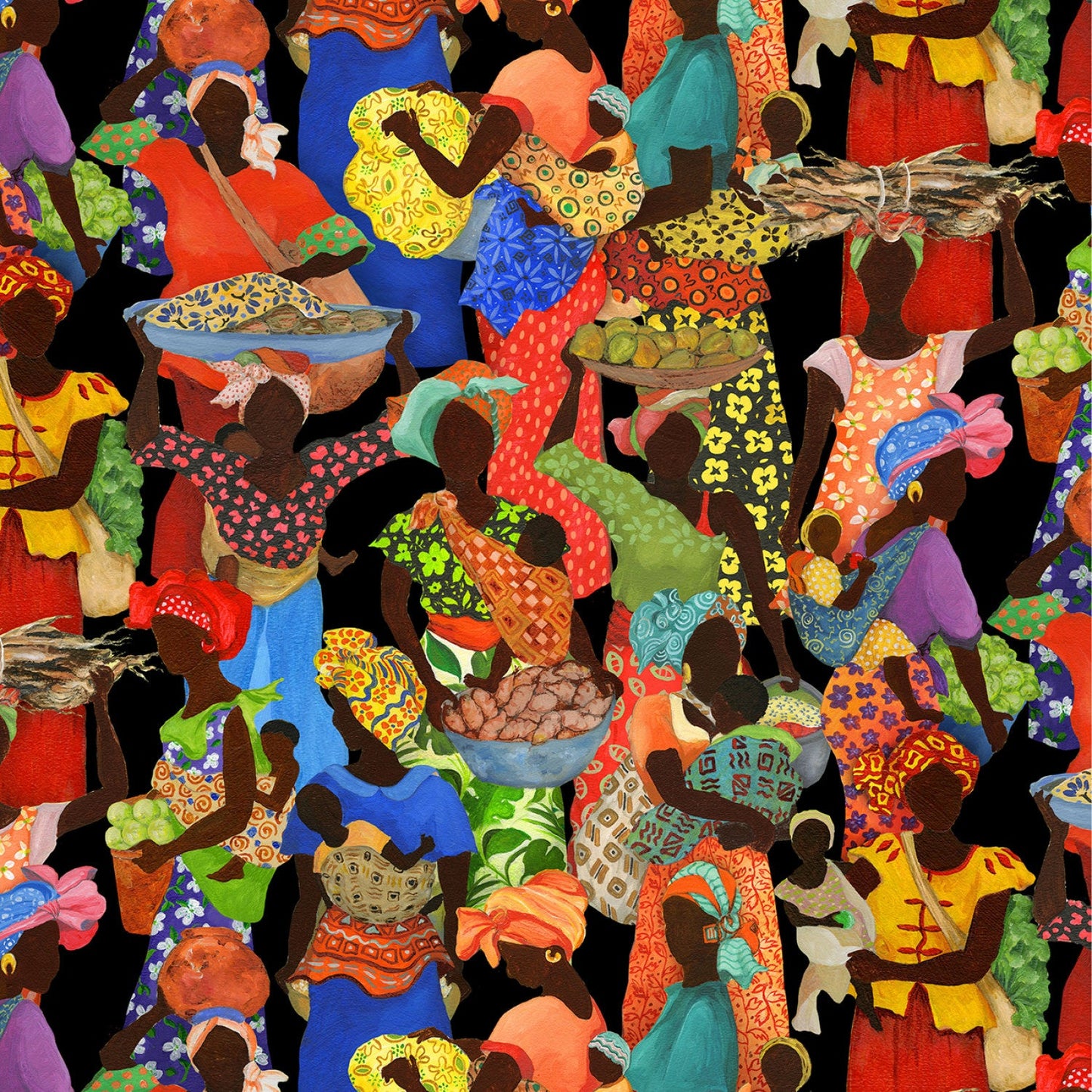 African Story Packed Figures Black Gwendolyn McShepard Elizabeth's Studio Cotton Fabric
