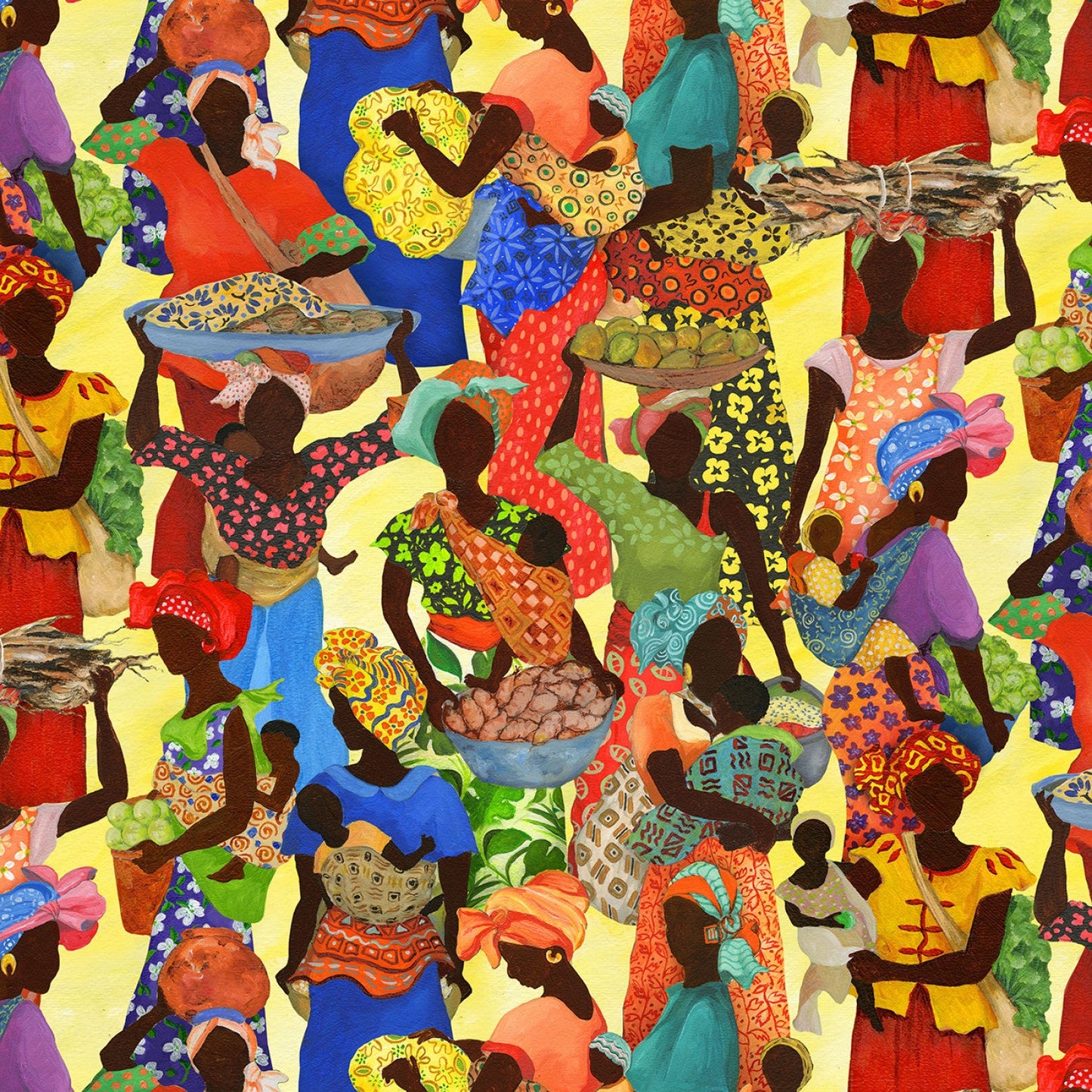 African Story Packed Figures Yellow Gwendolyn McShepard Elizabeth's Studio Cotton Fabric