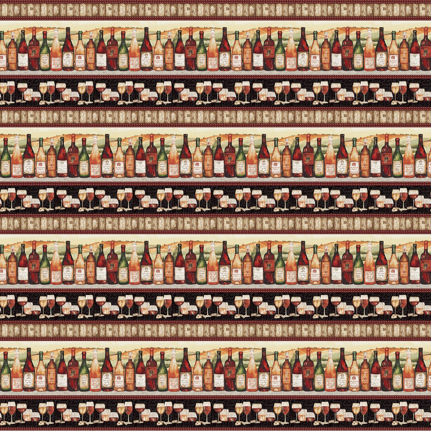After Five Border Stripe Wines Multi Mary Beth Baker Henry Glass Cotton Fabric HG-347-98
