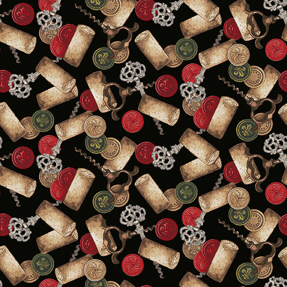 After Five Tossed Corks and Corkscrews Multi Mary Beth Baker Henry Glass Cotton Fabric HG-346-98