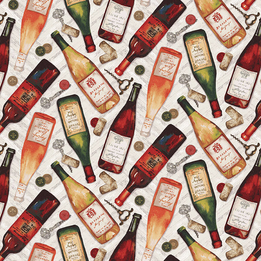 After Five Tossed Wine Bottles Multi Mary Beth Baker Henry Glass Cotton Fabric