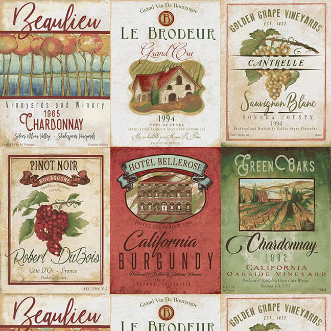 After Five Wine Labels Multi Mary Beth Baker Henry Glass Cotton Fabric HG-339-48