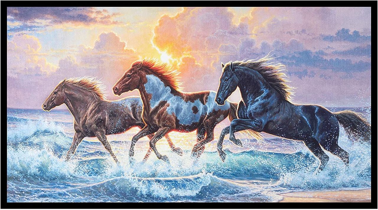 Against the wind Horses Panel 24" Elizabeth's Studio Cotton Fabric ES-9610 Black