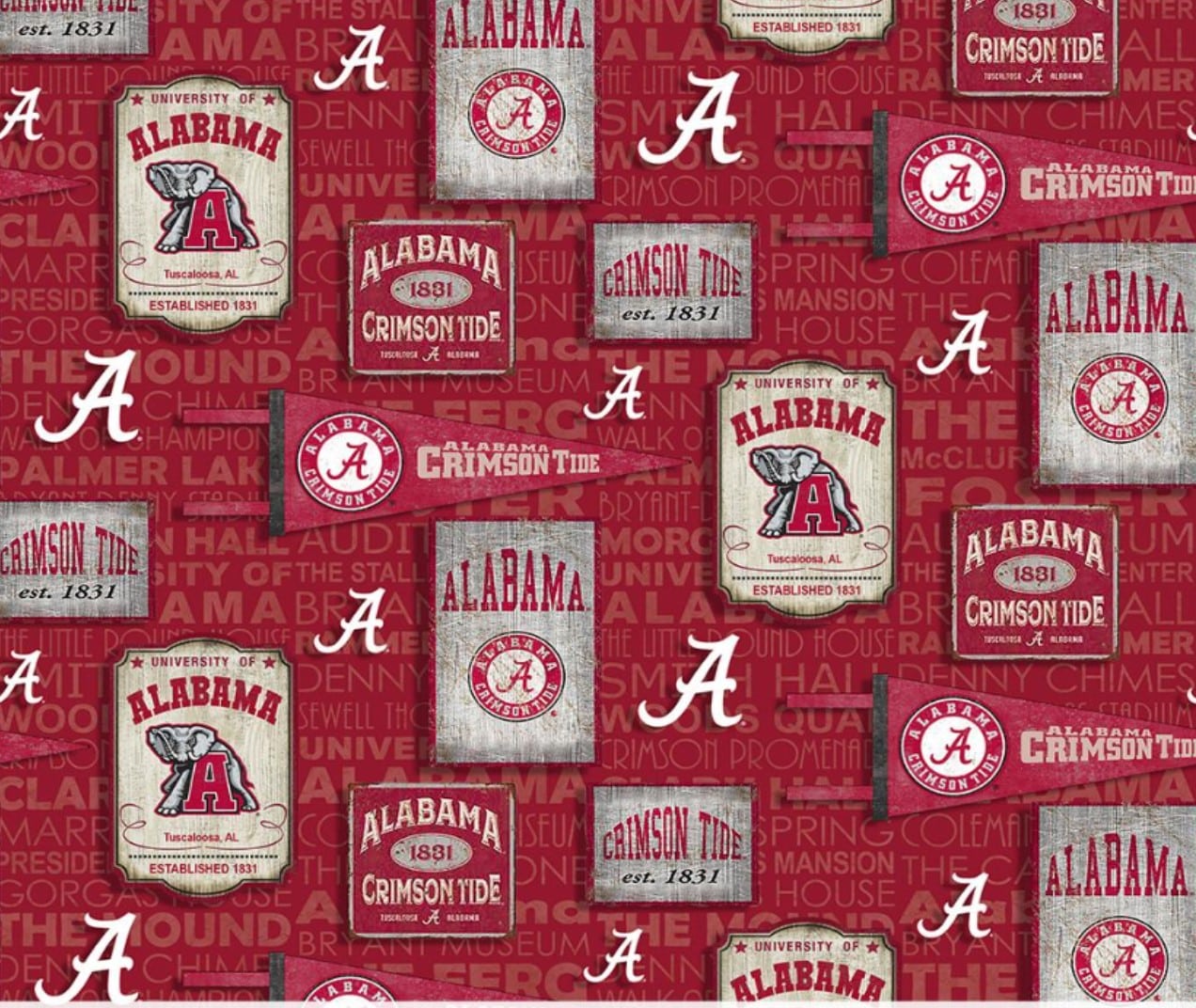 Alabama Crimson Tide NCAA College Roll Tide Vintage Pennant Design Cotton Fabric AL-1267