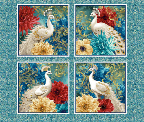 Alabaster Wings Peacock Peafowls Pillow Blocks Panel 36" Pattern Weave Studio Blank Quilting Cotton Fabric BQ-3859P-77