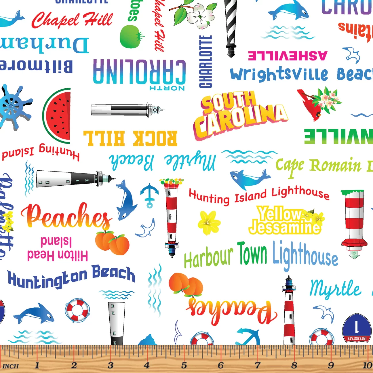 All Carolinas Shop Hop 2022 Light Houses Words White Benartex Cotton Fabric BE-12893-09
