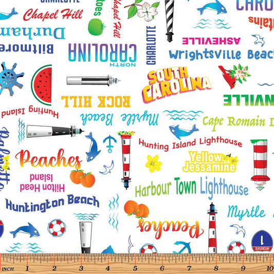 All Carolinas Shop Hop 2022 Light Houses Words White Benartex Cotton Fabric BE-12893-09