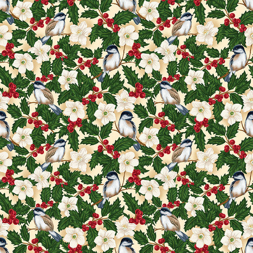 All Spruced Up Chickadees Flowers Ivory Satin Moon Designs Blank Quilting Cotton Fabric