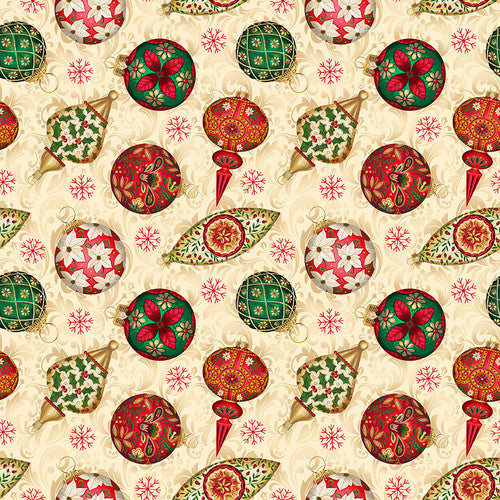 All Spruced Up Tossed Ornaments Ivory Satin Moon Designs Blank Quilting Cotton Fabric