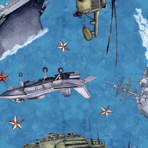 All American Military Vehicles Blue Dan Morris Quilting Treasures Cotton Fabric