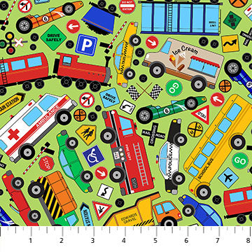 All Around Town Vehicle Toss Green Deborah Edwards Northcott Cotton Fabric