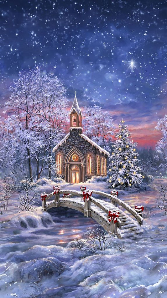 All is Calm Snowy Chapel Panel 24" Dona Gelsinger Timeless Treasures Cotton Fabric TT-PANELDG-CD3523-WINTER
