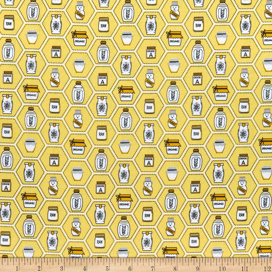 All the Buzz Bees Honey Jars Yellow Quilting Treasures Cotton Fabric
