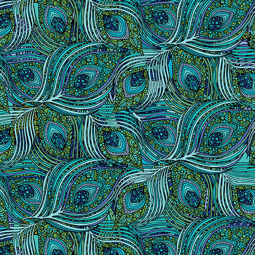 Alluring Peacock Featherly Turquoise Valentina Harper Benartex Cotton Fabric