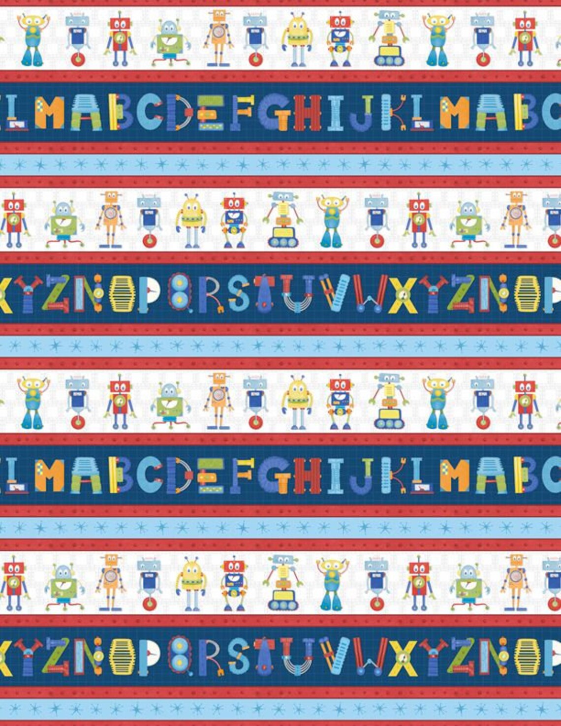 Alpha-Bots Alphabet Kids Stripe Multi Nicole Tamar Wilmington Prints Cotton Fabric WP-27624-143