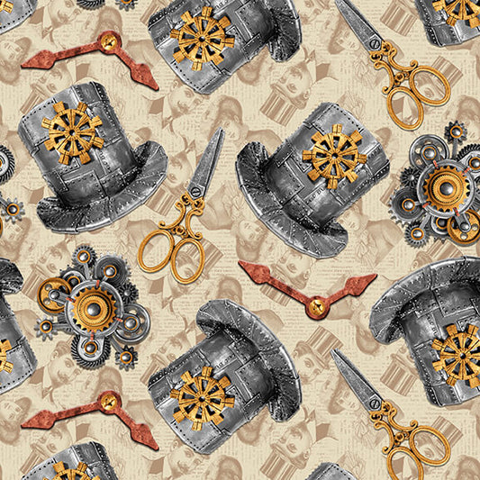 Alternative Age Hats & Scissors Parchment Urban Essence Designs Blank Quilting Cotton Fabric BQ-2322-41