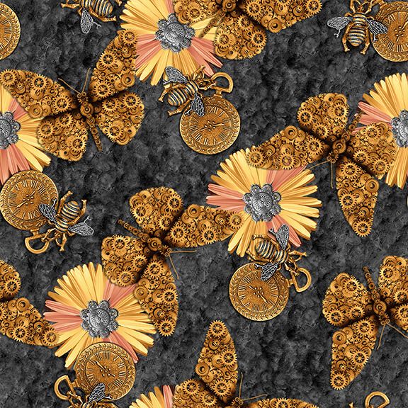 Alternative Age Butterflies & Flowers Black Urban Essence Designs Blank Quilting Cotton Fabric