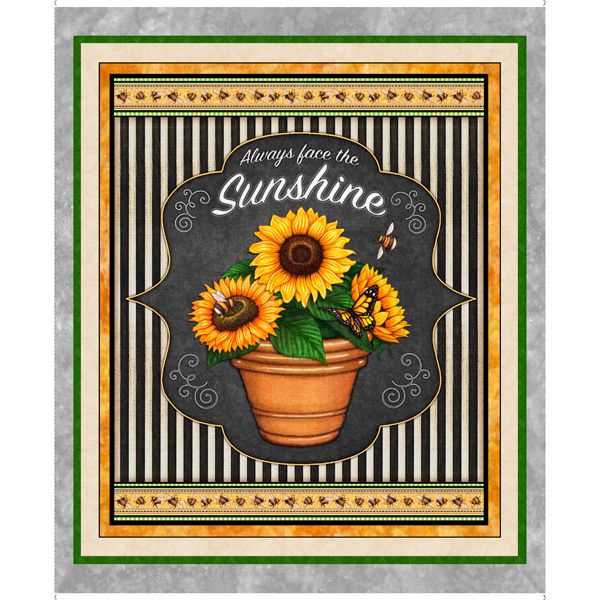 Always Face Sunshine Sunflower Panel 36" Gray Quilting Treasures Cotton Fabric QT-1649-27842-K