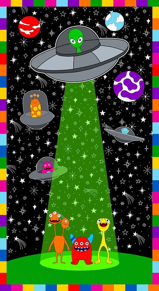 Amazing Aliens Panel 24” Black Glow the Dark Blank Quilting Cotton Fabric BQ-1997PG-99