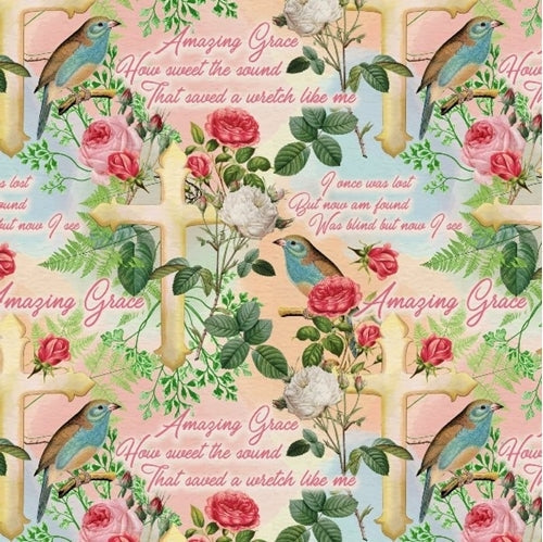 Amazing Grace Song Lyrics Birds Flowers David Textiles Cotton Fabric DT-DX-3139-1C-1