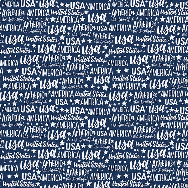 American Patchwork Patriotic USA Words Text Blue White Loni Harris Paintbrush Studio Cotton Fabric PBS-120-22201