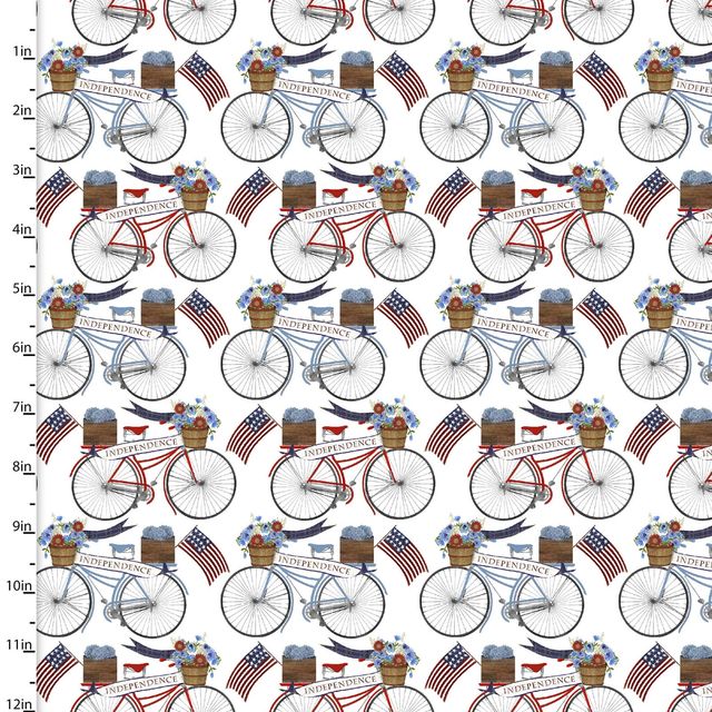 American Spirit Independence Day Patriotic Bicycles White 3 Wishes Cotton Fabric