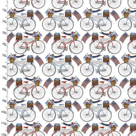 American Spirit Independence Day Patriotic Bicycles White 3 Wishes Cotton Fabric