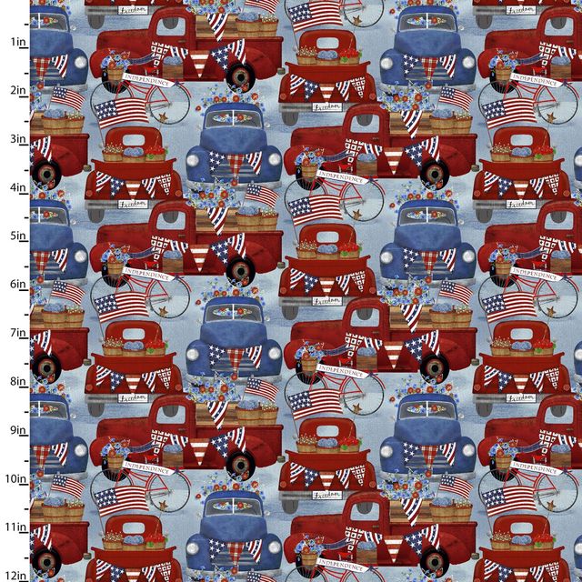 American Spirit Independence Day Patriotic Pickup Truck Bicycle Blue Beth Albert 3 Wishes Cotton Fabric