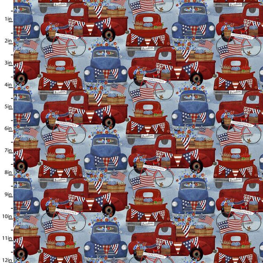American Spirit Independence Day Patriotic Pickup Truck Bicycle Blue Beth Albert 3 Wishes Cotton Fabric